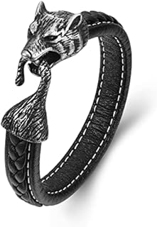 PiercingJak Mens Stainless Steel Wolf Head Viking Bracelet Vintage Wolf Head Gothic Bracelet Black Genuine Leather Braided Bracelet Wristband