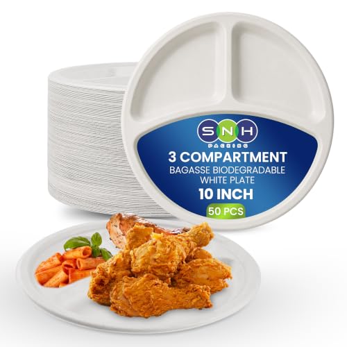 SNH Packing 10 3-Compartment White Disposable Plates [50 Pack] - Heavy-Duty Bagasse Sugarcane Plates Eco-Friendly Biodegradable Compostable Microwave-Safe & Leak-Proof for Party Picnic Dinner