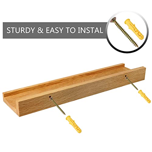 Recogwood Floating Shelves Wall Mounted, 16 Inch Wall Shelves For Decor And Storage, Natural Solid Oak Wood Shelf, Picture Ledge For Bedroom/Bathroom/Living Room/Kitchen/Laundry Room, Natural Color #TOP7