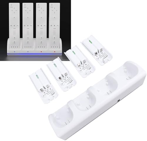 4 Ports Charging Station for & Remote Controller, Charger with 4 Rechargeable Battery Packs (Charging Station & 4 pcs 2800mAh Batteries) (White)