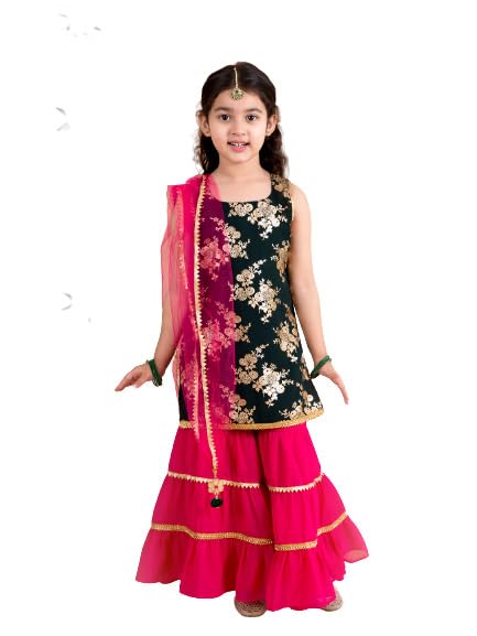 Pspeaches Girls Floral Printed Panelled Kurti With Skirt With Dupatta (Green-7-8Y)