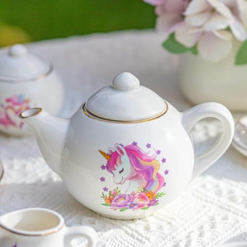 Image of TUZT Porcelain Tea Party Set for Little Girls Kids Toddlers, 13Pcs Unicorn Tea Set - Teapot & Cup & Saucer & Suitcase,Pretend Play Toys Kitchen Set - Christmas Birthday Gift for Girls