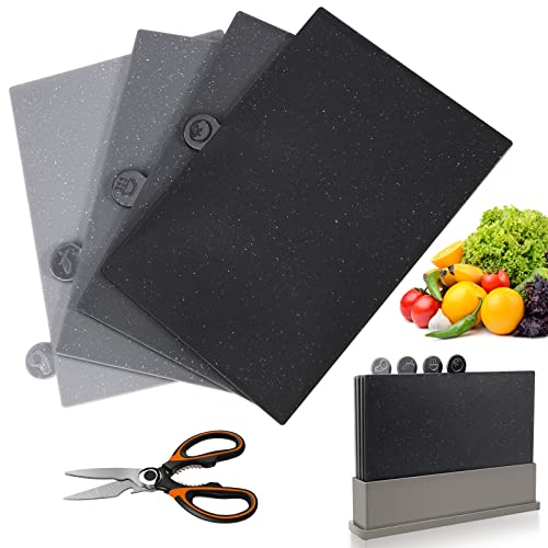 Midyb Planche à Découper Index, Planche a Decouper Plastique 4 Pièces avec Support, Planches à Découper Antidérapant pour la Cuisine, Sans BPA, va au Lave-Vaisselle, Envoyer 1 Ciseaux