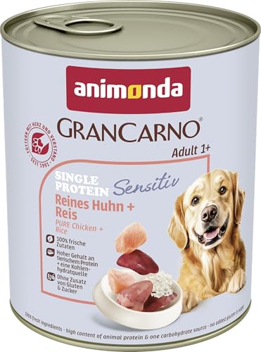 animonda GranCarno Hunde Nassfutter Sensitiv Reines Huhn + Reis (6 x 800g), getreidefreies Hundenassfutter ohne Zucker, für ausgewachsene Hunde, mit frischen fleischigen Zutaten