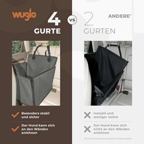 Wuglo Extra Stabiler Hunde Autositz mit Sicherheitsgurt – Wasserdichter und Robuster Autositz Hund für den Rücksitz mit 4 Befestigungsgurten, geeignet für mittelgroße Hunde bis 18 kg