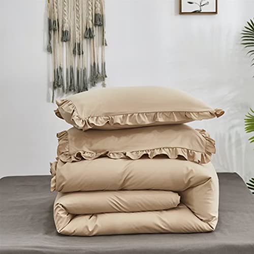 Wellboo Beige Ruffle Comforter Set Full Light Khaki Lace Women Bedding Comforters Cotton Adults Girls Solid Light Taupe Quilts Soft All Champagne Vintage Shabby Chic Blankets Plain Beige Rustic Bed #TOP5