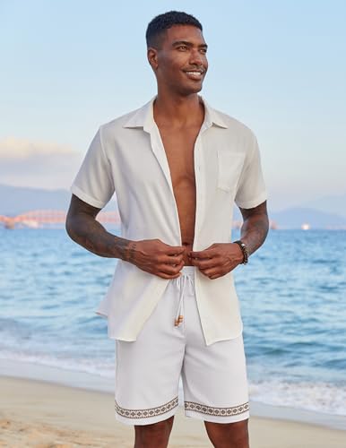 Image of COOFANDY Mens Casual Linen Shorts Elastic Waist Drawstring Loose Fit Summer Beach Vacation Shorts with Pockets