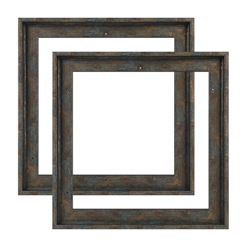 Image of 0.9 inch Deep Rustic Blue Gold Floating Frame for 8x8 Canvas Paintings | Set of 2,Easy Framing,Complete Floating Frames for Vintage Abstract Art Print Industrial Office Gallery Exhibition Wall Decor