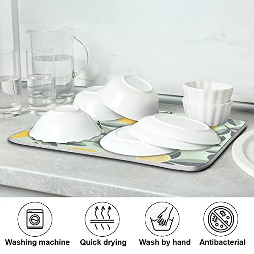 Absorbent Dish Drying Mat For Kitchen Counter - Yellow Lemon And Leaves Microfiber Drying Pad, Reversible Drainer Mats For Countertop, Large 18 X 24 Inch #TOP6