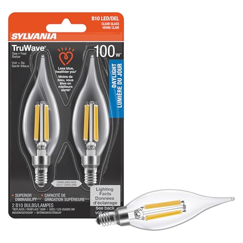 Sylvania LED TruWave Natural Series Dcor Light Bulb B10 Chandelier 100W Equivalent Efficient 8W Candelabra Base Dimmable 900 Lumens 5000K Clear Daylight - 2 Pack (42282)