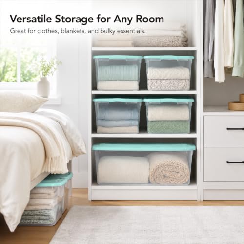Image of Storage Bins 66 Qt Clear Latching Lid Stackable 6 Pack Mint Green