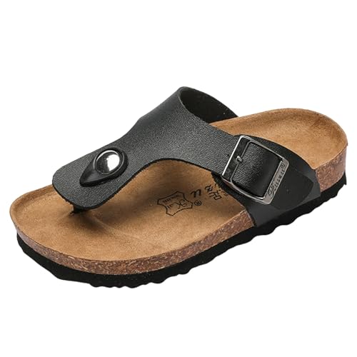 IWIHMIV Boys Girls Cork Footbed Sandals Summer Non Slip Flip Flops Shoes Leather Slip On Slippers with Adjustable Strap