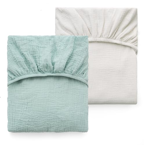 Image of Momcozy Muslin Standard Fitted Crib Sheets, 52"x28", 2 Pack Soft Breathable Natural Cotton Baby Mattress Sheet, 360° Mattress Wrapping No Slip Boys Girls Neutral Toddler Bed Sheet, Green Grey