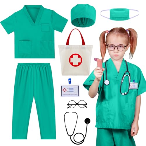 GSrenyu 8 Piece Kids Doctor Costume,Child Role Play Costumes,Toddler Nurse Scrubs,Suitable for children aged 5-6 120cm green