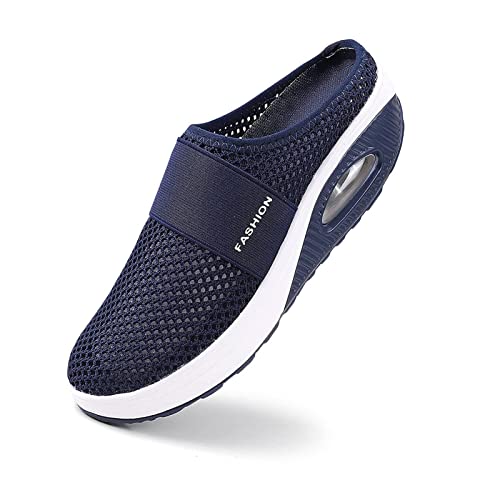 BIUBIULOVE Chaussures de marche diabétiques orthopédiques à enfiler avec coussin d'air pour femmes, baskets de marche en plein air décontractées respirantes avec soutien de la voûte (bleu foncé,37) Cover