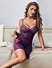 Avidlove Side Split V Neck Sheer Mesh Lace Wireless Babydoll Lingerie Dress with Thong 2 Piece Purple