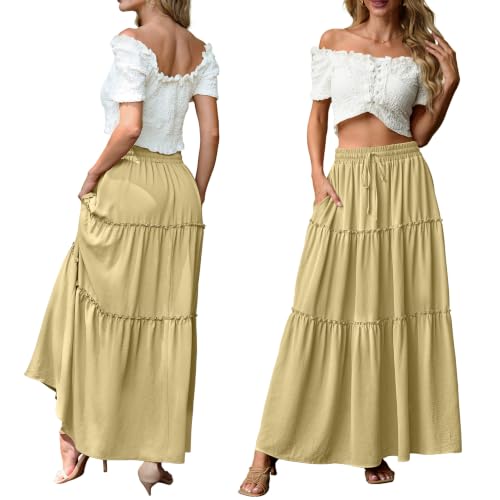 Image of Lepunuo Womens Casual Boho High Waisted Flowy Maxi Skirts Tiered Floral Long Skirts with Pockets for Summer Beach Vacation