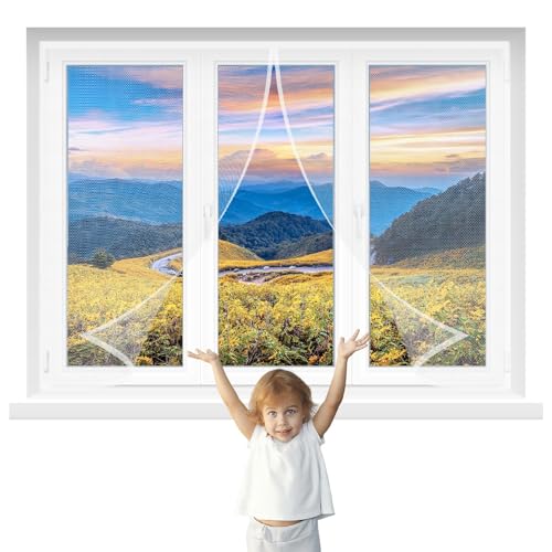 Upgraded Moustiquaire Fenêtre Magnétique 65x70cm Blanc Rideau en Maille Joint Magnétique de Haut en Bas avec Fermeture Automatique pour Balcon SéJour