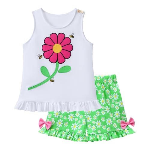 Image of HILEELANG Toddler Girl Summer Short Outfit Sets Cotton Short Sleeve Tops Tees Shorts Clothing Sets