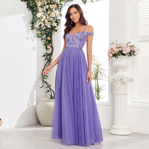 Formal Dresses Long Tulle Evening Gowns Sleeveless Off Shoulder A Line Sparkly Sequin Party Guest Homecoming Dress3
