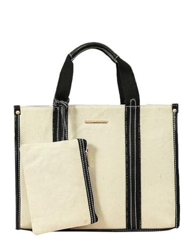 Image of Bagsy Malone Canvas & Vegan Leather Tote Bag, Built-in Bottle Holder, Laptop Compartment, Back Loop, Multi-Utility Pouch