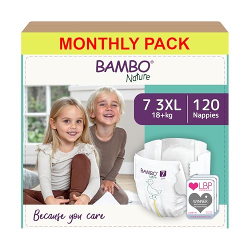 Bambo Nature Nappies Size 7 (18+kg), Box of 120 Disposable Nappies, Eco Nappy with Enhanced Leakage Protection, Secure Baby Nappy, Skin-Friendly for Ultimate Comfort