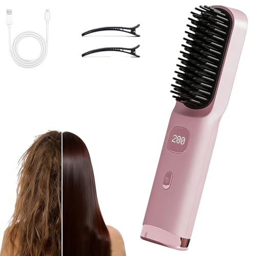 New Go Brush 2026 - Cepillo para cabello corto, recargable de 4 temperaturas y pantalla LCD, cepillo alisador de cerámica, mini herramienta de peinado de cabello de calentamiento rápido, cepillo
