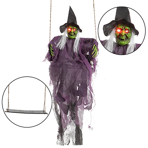 Image of JOYIN 2 Pcs Halloween Hanging Swinging Ghosts Decorations Outdoor, Witch and Pumpkin Face with Lighted Up Eyes, Outside for Yard Patio Lawn Garden Party