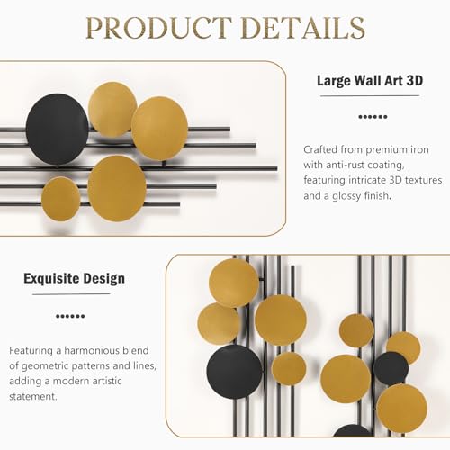 HYVAKUPPA 2 Pieces Large Metal Wall Decor 3D Modern Aesthetic Wall Sculptures 11.2''x 38.8''Luxury Geometric Circular Decor Wall Art Artwork for Bedroom Dining Living Room Wall Decorations - Image 3