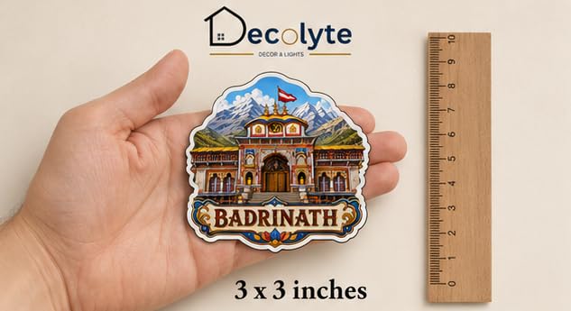Image of Badrinath Temple Theme Wooden Fridge Magnet Souvenir | 3x3 in Kitchen Home Decor Gift