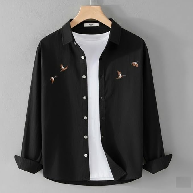 Image of Men's Cotton Blend Casual Wear with Bird Embroidery | Regular Fit Full Sleeve Button Down | Lightweight Summer Style for Daily, Office & Party