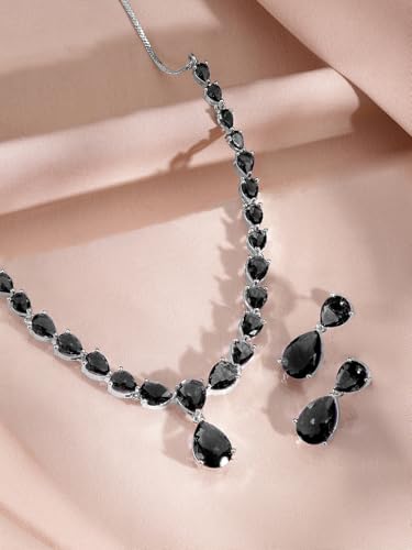 Image of Rubans Necklace Set Rhodium Plated Crystal Studded Jewellery Gift for Women & Girls
