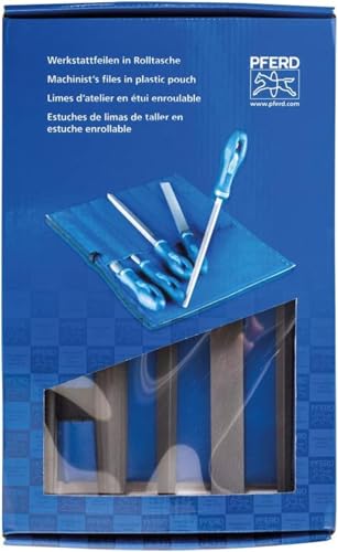 PFERD TOOLS Werkstattfeilen-Set in PVC-Rolltasche mit Umkarton, 5 Feilen, Kreuzhieb H2, 200mm, 11801532 - für universelle Schrupp- und Schlichtarbeiten geeignet