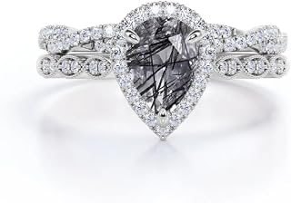 Vintage Art Deco 1.75 Carat Fire Black Rutilated Quartz Pear Cut Engagement Ring Set ,18K Rose Gold Black Rutilated Quartz Ring , Rose Flower Wedding & Anniversary Ring Promise Ring For Women & Ladies Partywear Gemstone Ring Gift For Her {BL-BRQ-01}