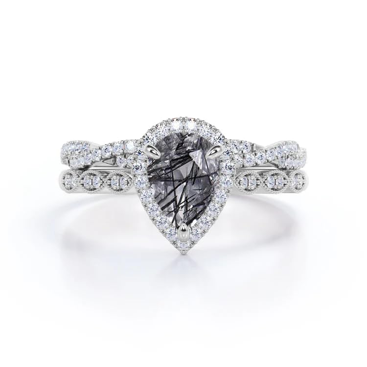 Vintage Art Deco 1.75 Carat Fire Black Rutilated Quartz Pear Cut Engagement Ring Set ,18K Rose Gold Black Rutilated Quartz Ring , Rose Flower Wedding & Anniversary Ring Promise Ring For Women & Ladies Partywear Gemstone Ring Gift For Her {BL-BRQ-01}