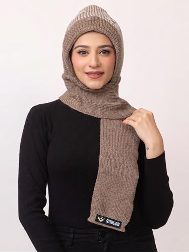 Image of AMOLDO Women's Winter Woolen Soft Warm Knitted Designer Muffler Beanie Cap with Fur | Fleece Printed Woolen Hat with Attached Scarf for Cold Weather