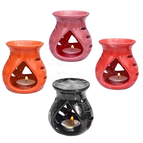 Image of Pure Source India Ceramic Aroma Oil Burner Pack of 4 (Purple, Orange, Red, Black)
