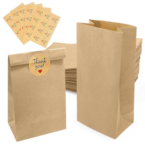 100 Pièces Sacs en Papier Kraft 9x18x5.5 cm, Marron avec Autocollants de Fermeture, Sachets Alimentaires pour Bonbons, Biscuits, Cadeaux, Mariage,...