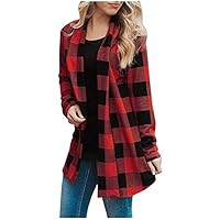 Giacca a Maniche Lunghe da Donna Cardigan Scozzese da Donna Cappotto a Quadri alla Moda Autunnale (L)