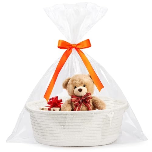Geschenkkorb Leer Korb für Geschenke, Geflochten Korb Geschenk mit Transparent Geschenktüten und Bändern, Geschenkkorb Hochzeit Geburtstag Weihnachten