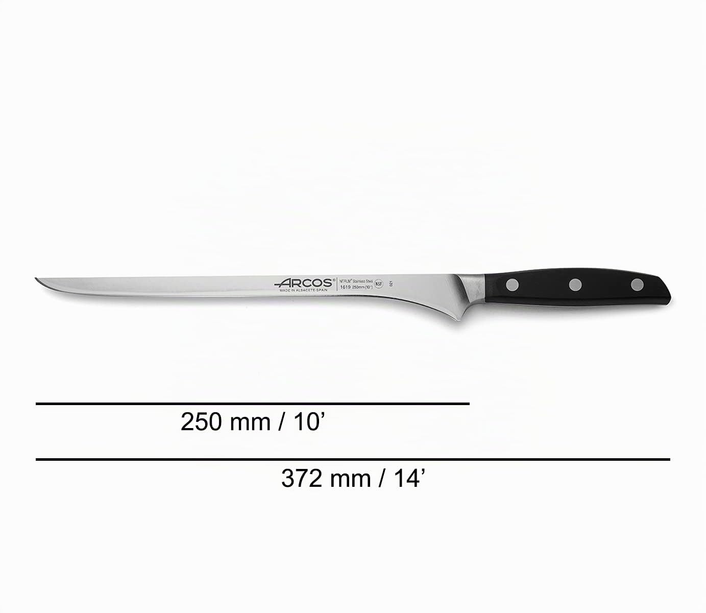Arcos Coltello da Taglio in Acciaio Inossidabile per Jamón e Carne – Manico Ergonomico in Poliossimetilene, Lama da 250 mm – Nero, Serie Manhattan