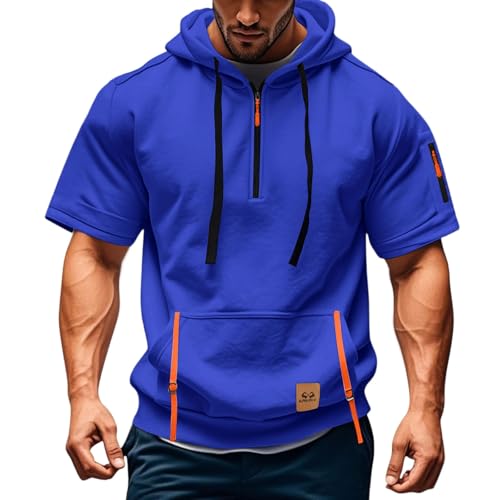 Short Sleeve Hoodies for Men Quarter Zip T-Shirts Gym Workout Athletic Hooded Work Big and Tall Shirts with Pocket