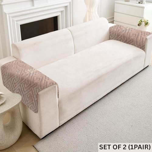 Image of HOMETHREADS Innovative Premium Velvet Sofa Cover Mat with PVC Backing for Non-Slip Comfort | (Brown Vrsh, 2Pc Armrest Mat | 70x50cm)