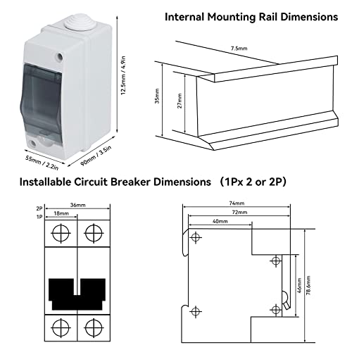 Aufputz Verteilerkasten 1 Reihig 2 Module 125 x 55 x 90 mm IP65 Wasserdicht Kleinverteiler Hutschiene Verteilerschrank Aufputz Sicherungskasten für Elektrik, Kommunikation – Bild 3