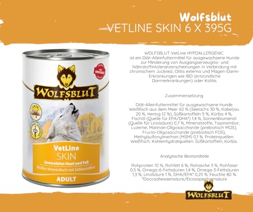 Wolfsblut Vetline Hundefutter - Skin & Coat, 12kg + 6x395g - Sparbundel, Sparpaket - inklusive Warnicks Tierfutterservice Hundesnack Goodie
