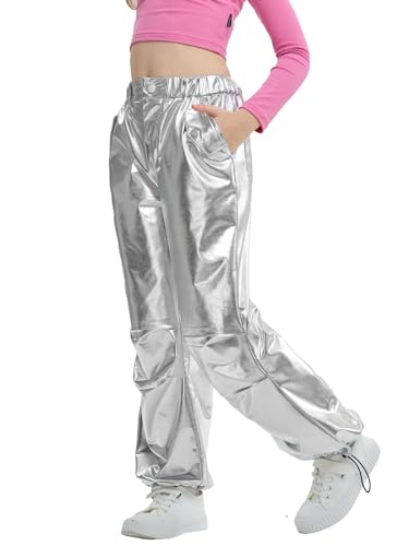 LOLANTA Niñas Pantalones de Cuero Metálico Brillante Traje de Baile Hip Hop Retro Pantalones Cargo con Cintura Elástica, Plata, 10-11 años, 150