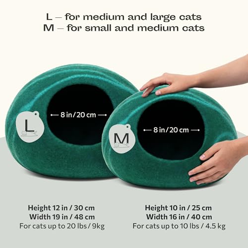 Image of MEOWFIA Cat Cave - Premium Felt Cat Bed Enclosure for Indoor Cats, Handmade Merino Wool (Emerald, Medium)