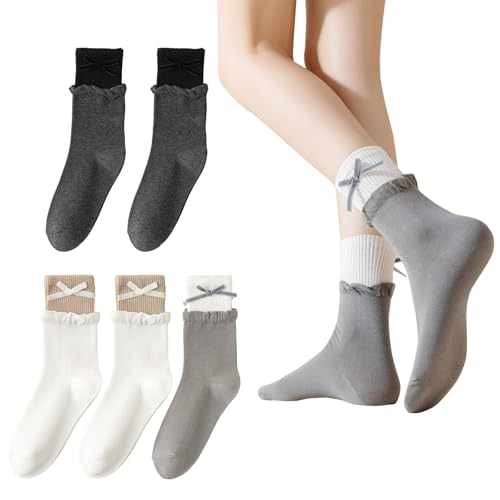Image of Yomutiur Crew Socks for Women, Double Ribbed Sock Cuff with Cute Bow Sweet Cotton Rolled Socks Odor-resistant