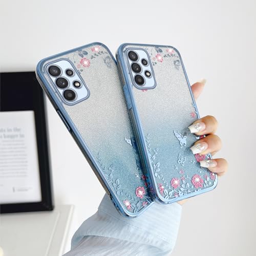 Image of for Galaxy A23 5G Case,for Samsung A23 5G Case (Not for A23 5G UW) Women Gradual Change Glitter Crystal TPU Stylish Butterfly Floral Heart Clear Protective Cover with Strap for A23 5g Blue