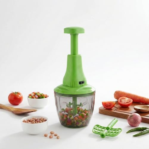 Image of Chopper for Kitchen Use | 1100 ml Round Push Chopper with 5 Blades and Whisker | Chopping Vegetables & Fruits, Onion, Ginger, Garlic, Salad, Tomato, Potato (Green)
